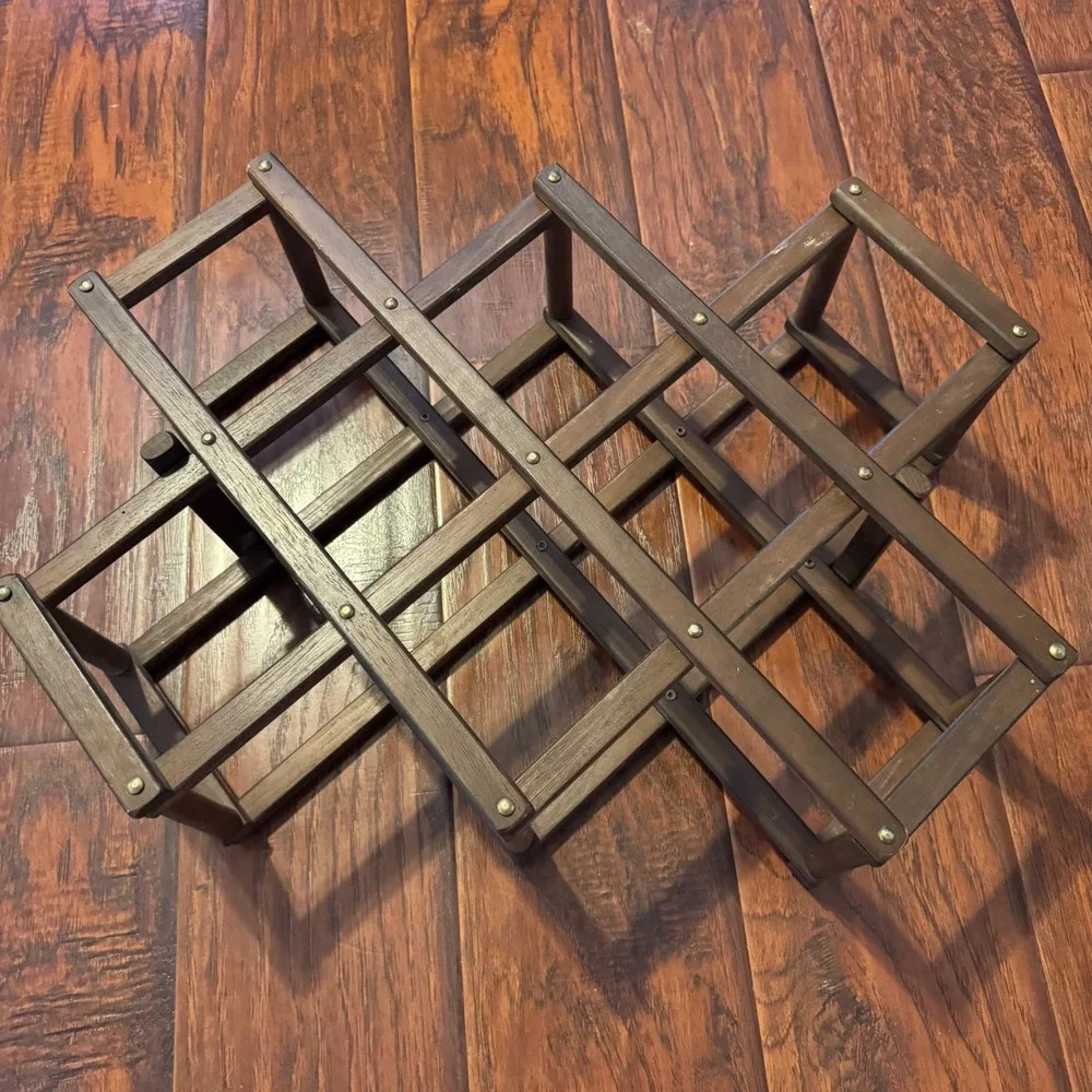 Vintage MCM Accordion Wood Wine Rack 10 Bottle Holder Brown Foldable Countertop